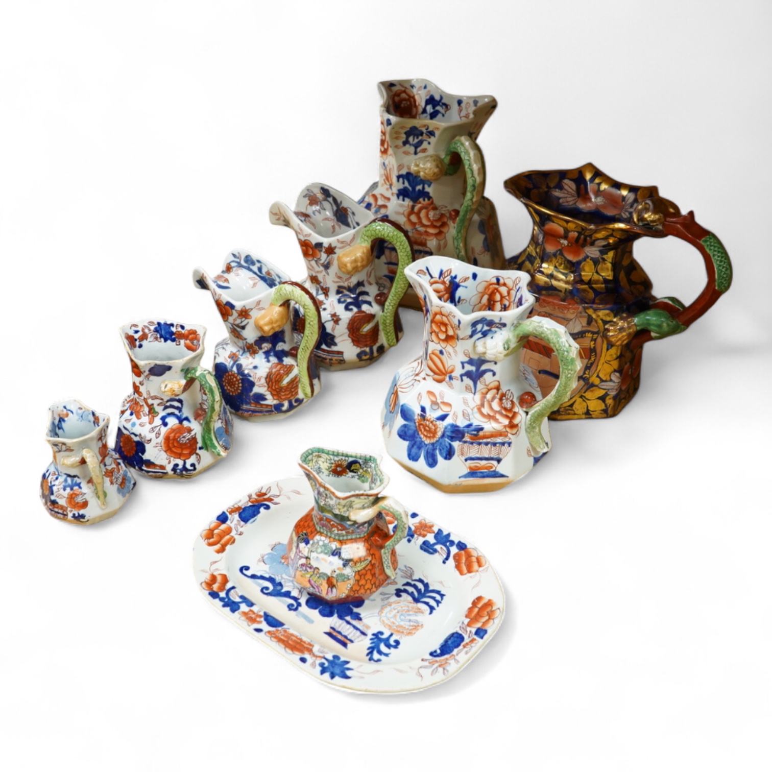Nine pieces of Masons ironstone to include graduated jugs and a dish, largest 24cm high